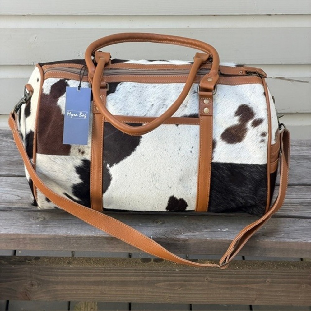 Myra Bag Cowhide Leather Duffel Bag Brown White Black Western Weekender Travel